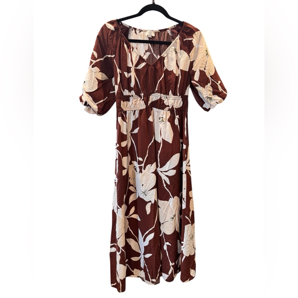 LOFT Brown Maxi Dress with Cream Floral Print, size Small petite